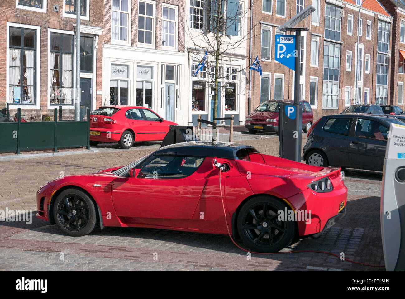 Tesla Roadster, Middelburg, North Sea Coast, Zeeland, Netherlands Stock Photo