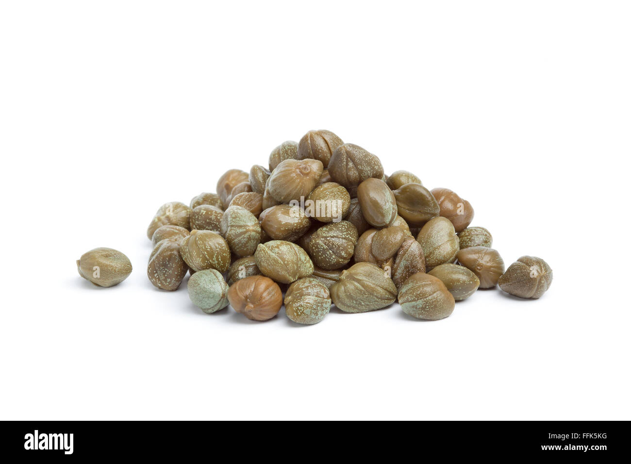 Heap of pickled capers on white background Stock Photo