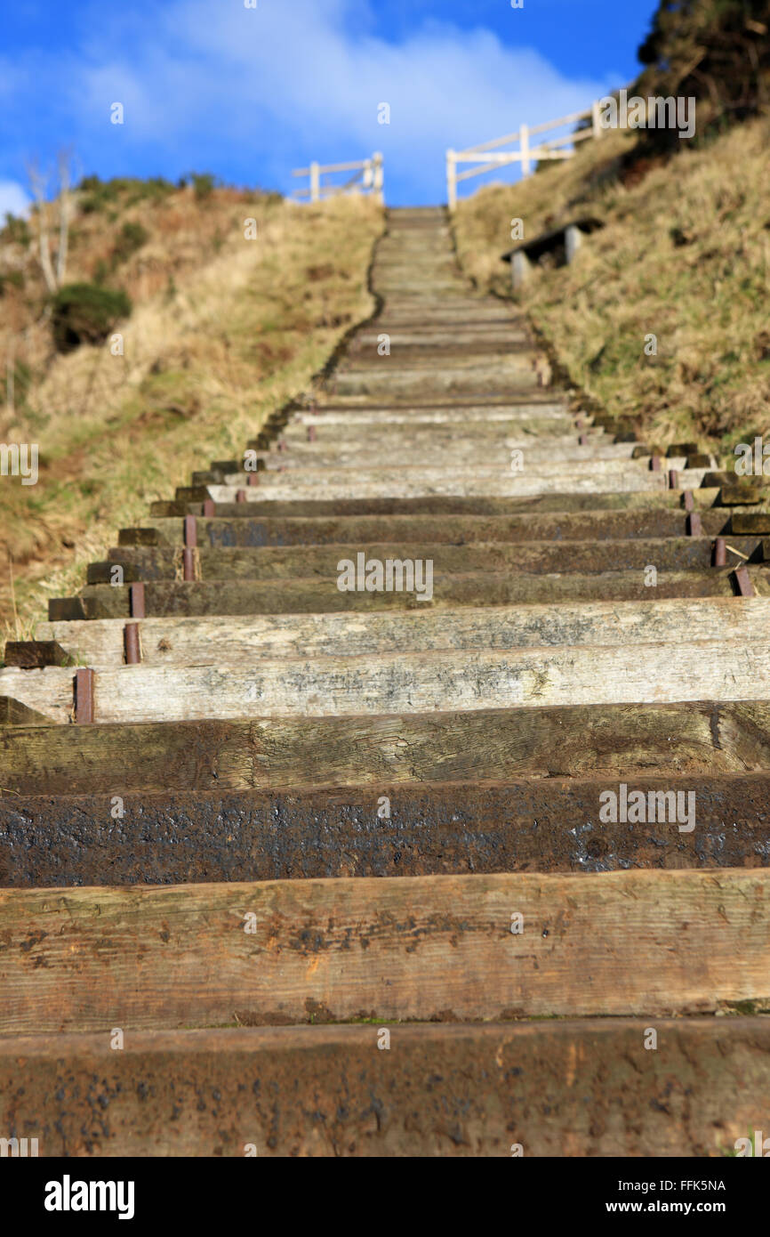 Railway sleeper steps up Castle Hill in Largs, Ayrshire Scotland Stock Photo