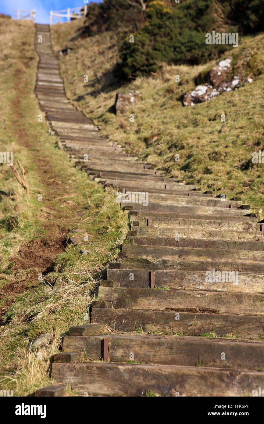 Railway sleeper steps up Castle Hill in Largs, Ayrshire Scotland Stock Photo