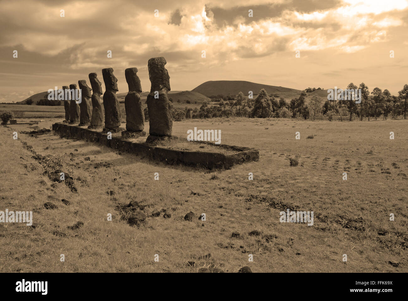 Moai stone statues, Rapa Nui, Easter Island, Chile Stock Photo