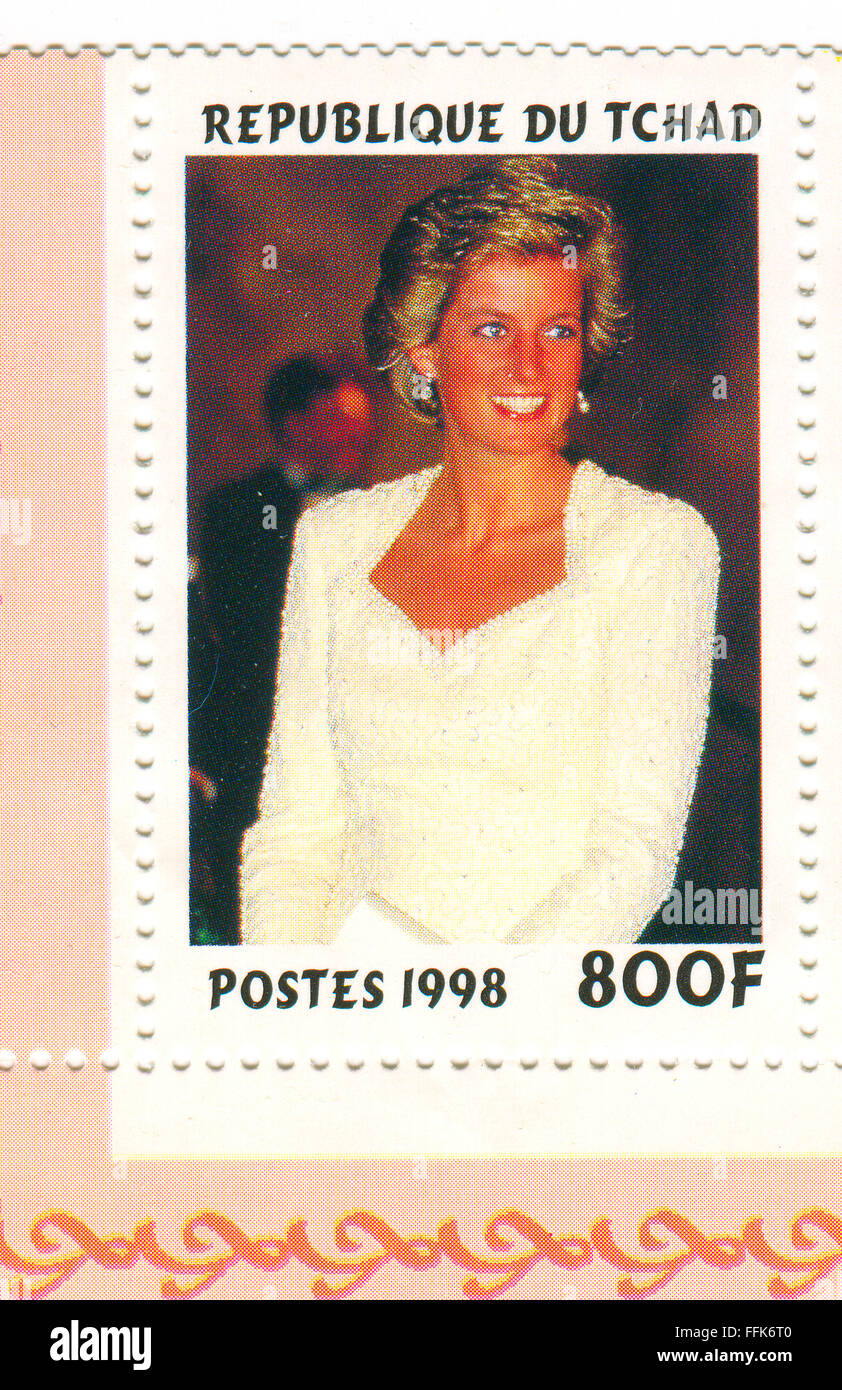 A stamp printed in Chad shows image of the Diana, Princess of Wales (1 July 1961 - 31 August 1997), was the first wife of Charle Stock Photo
