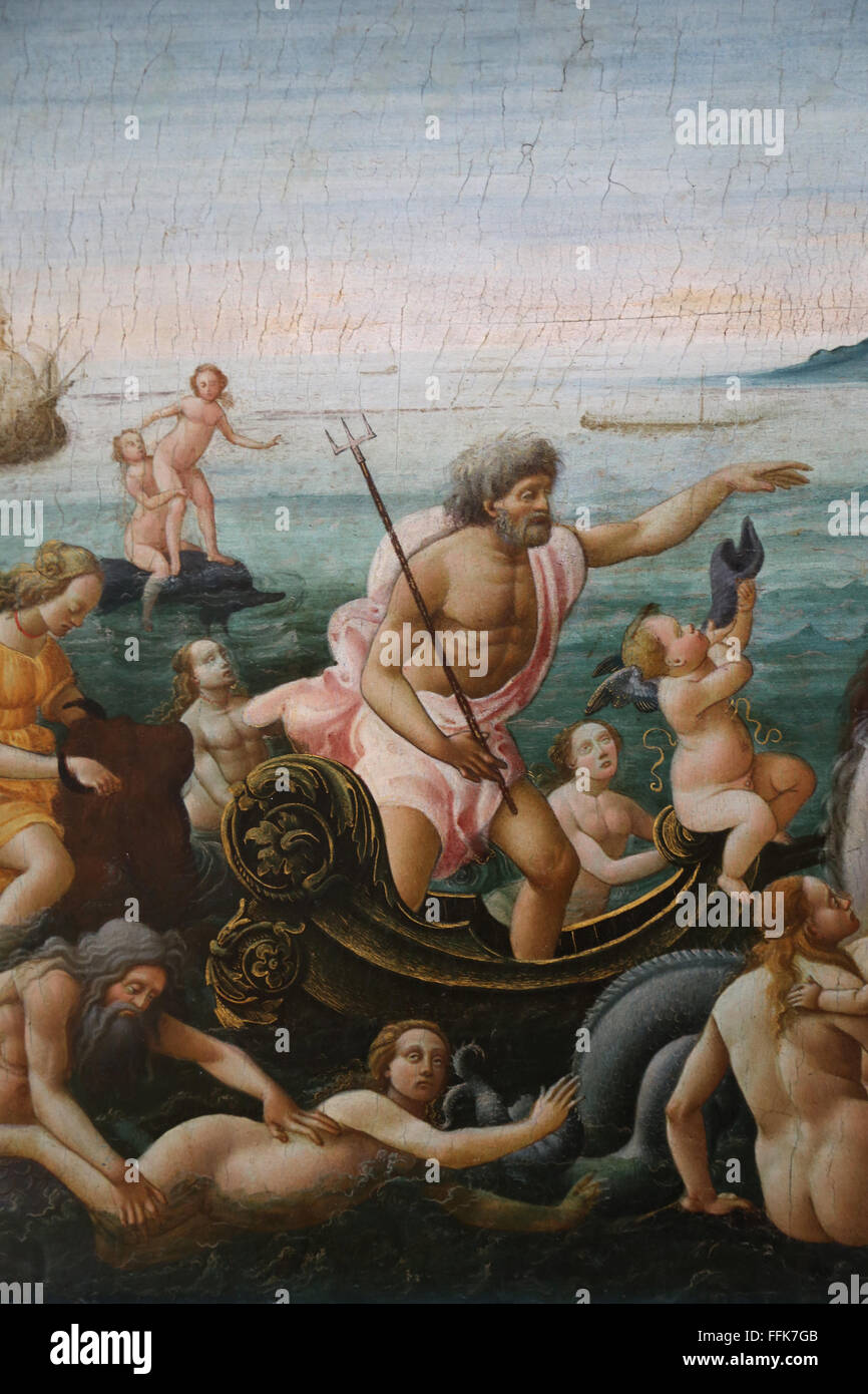 Procession of Thetis, 1490. Detail of Poseidon, god of de Sea. By Bartolomeo di Giovanni (active 1488-1501). Stock Photo