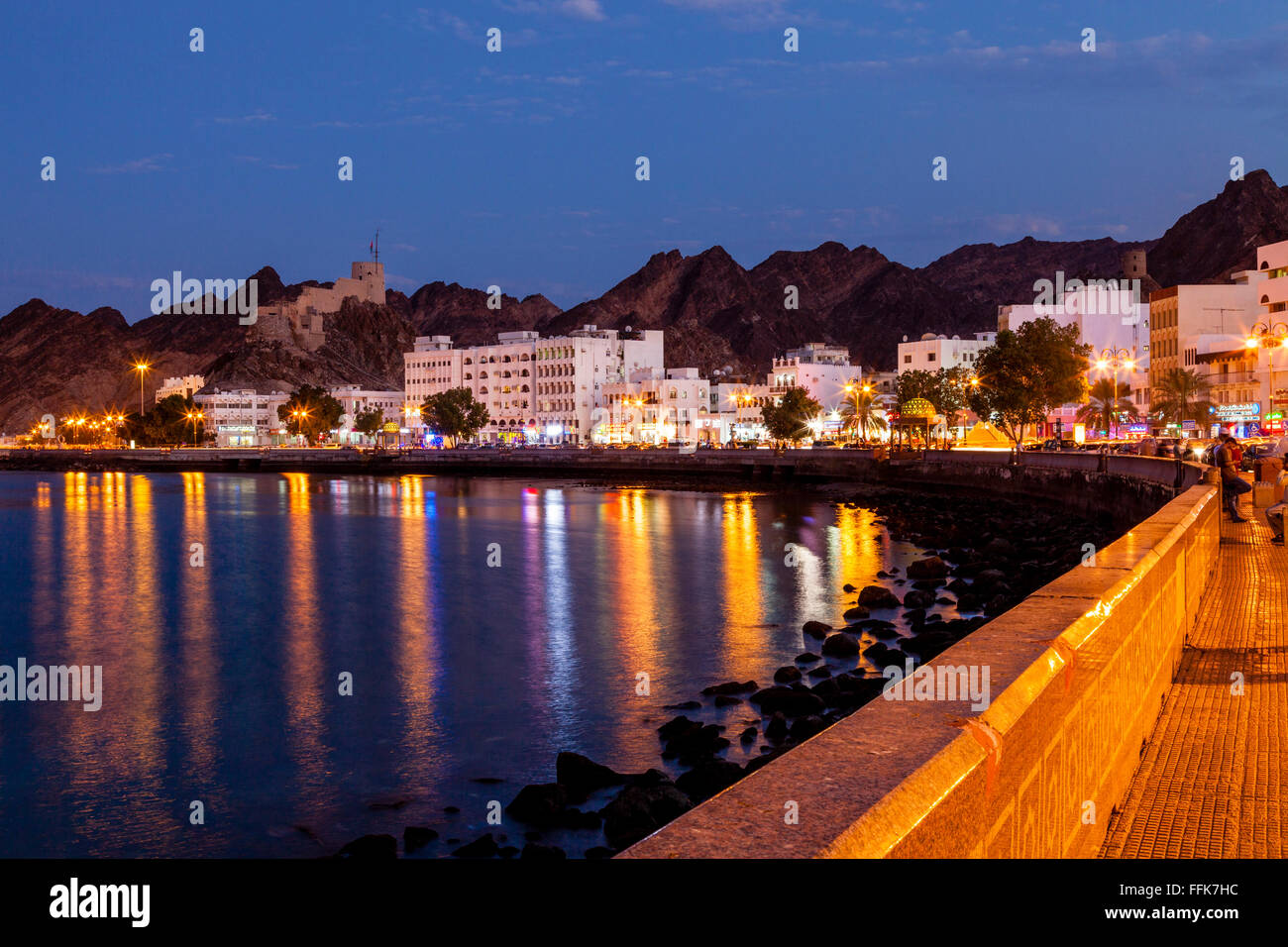 The Corniche (Promenade) At Night, Muttrah, Muscat, Sultanate Of Oman Stock Photo