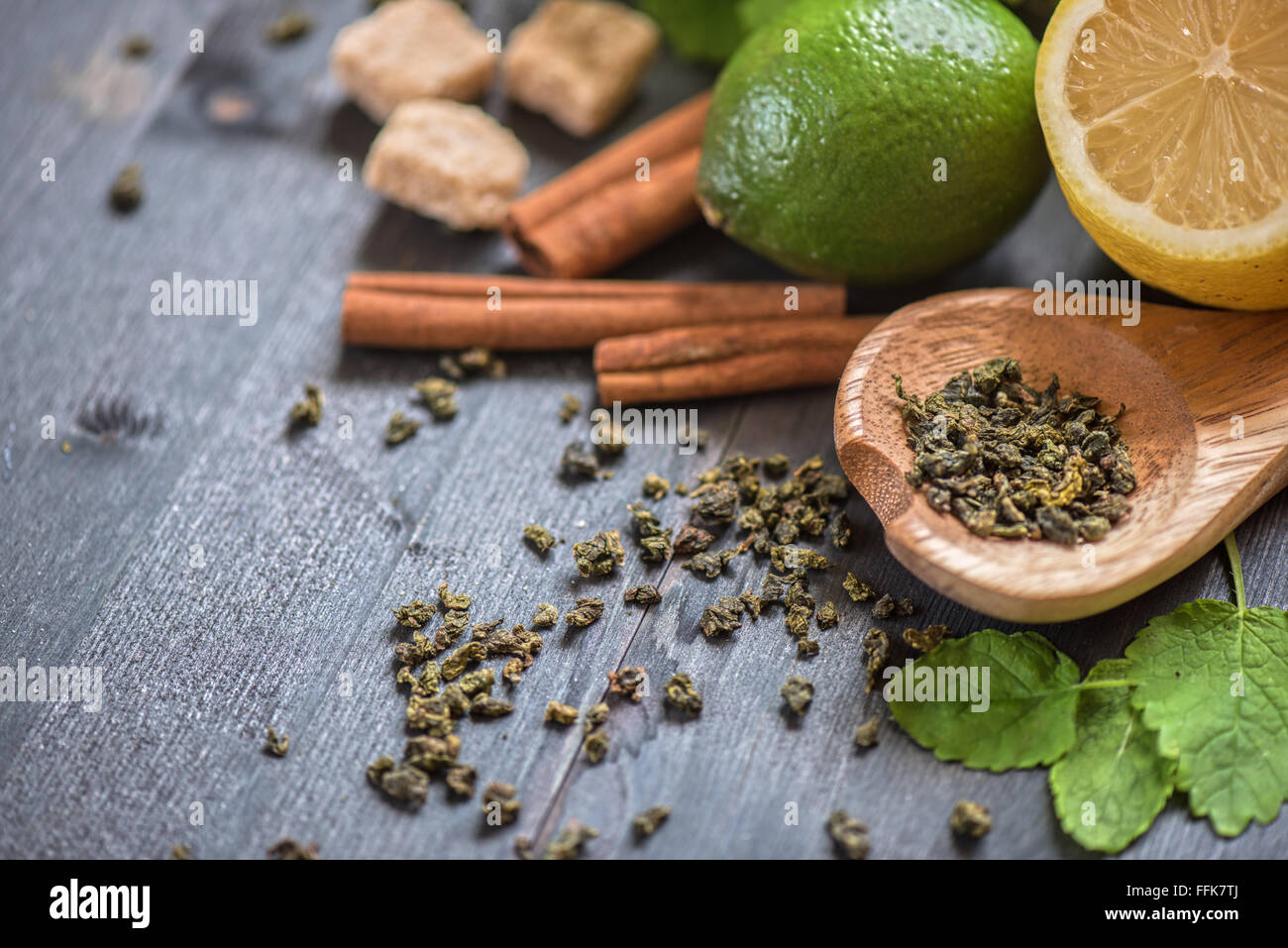 tea composition with cinnamon sticks, lemons Stock Photo Alamy