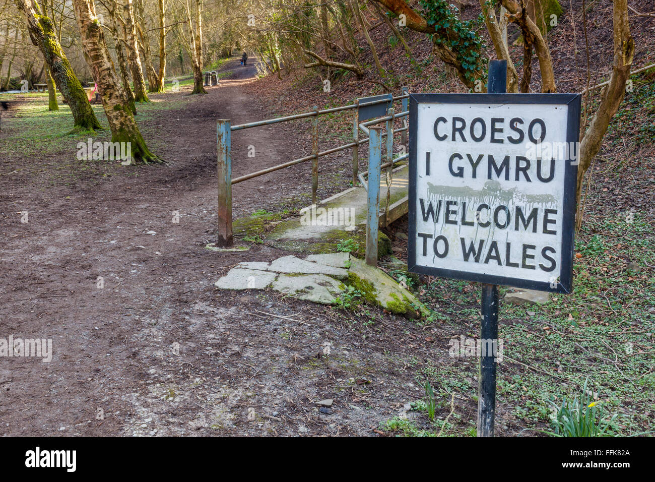 The English/Welsh border on Offa's Dyke, near Knighton, Powys, Wales Stock Photo