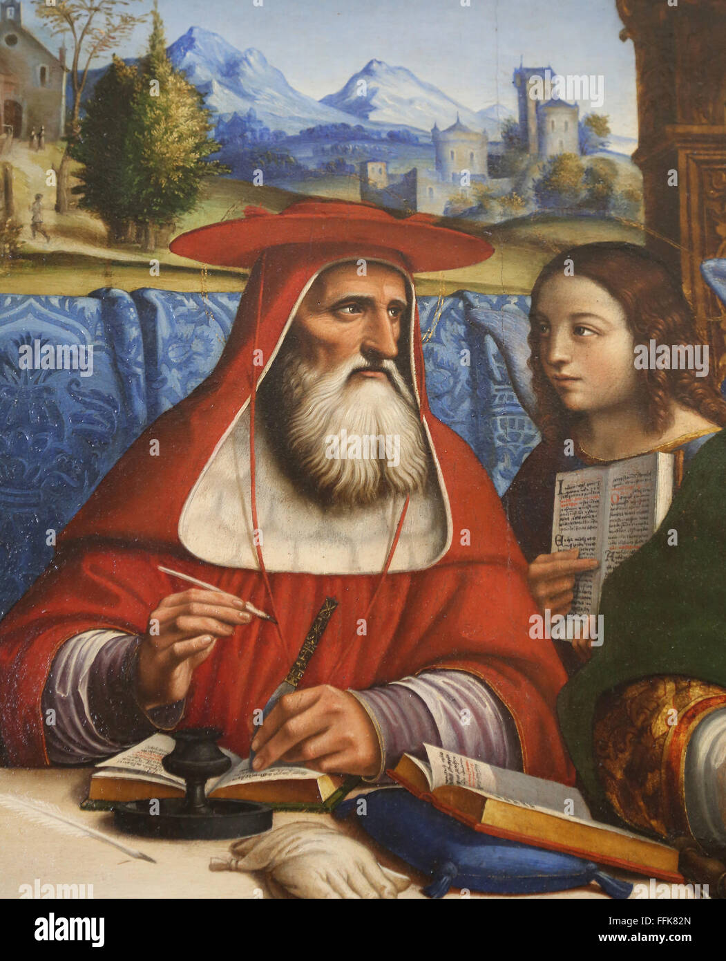 Four doctors of the Church represented with attributes of the four Evangelist, ca 1516. By Francesco Sacchi (16th century). Stock Photo