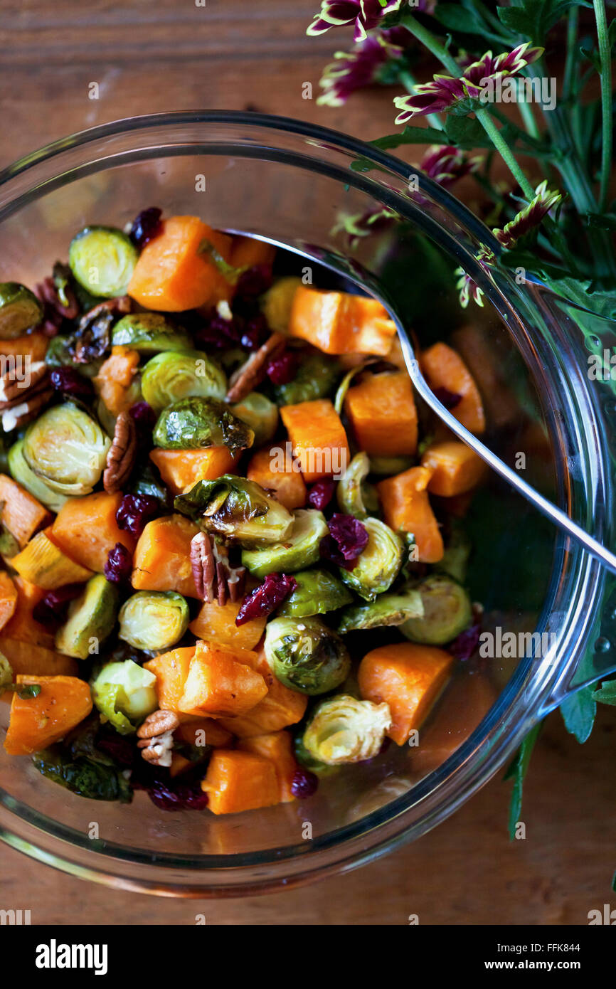 Roasted Brussels sprouts, sweet potatoes, pecans and cranberries in a