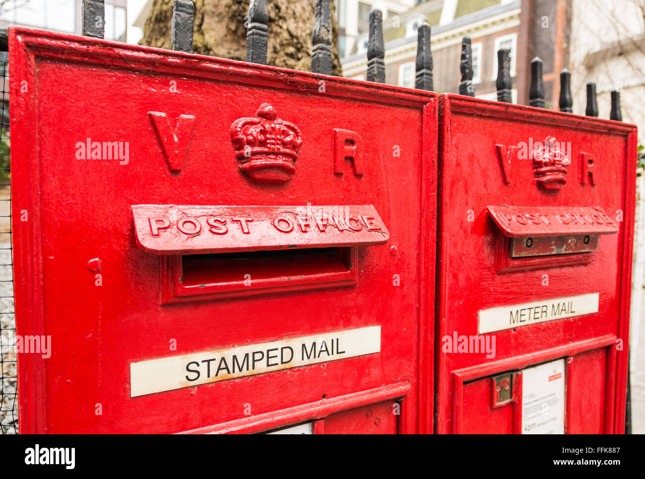 Closeup of Victorian post boxes on Lawrence Poutney Hill in the City of London, England, UK Stock Photo