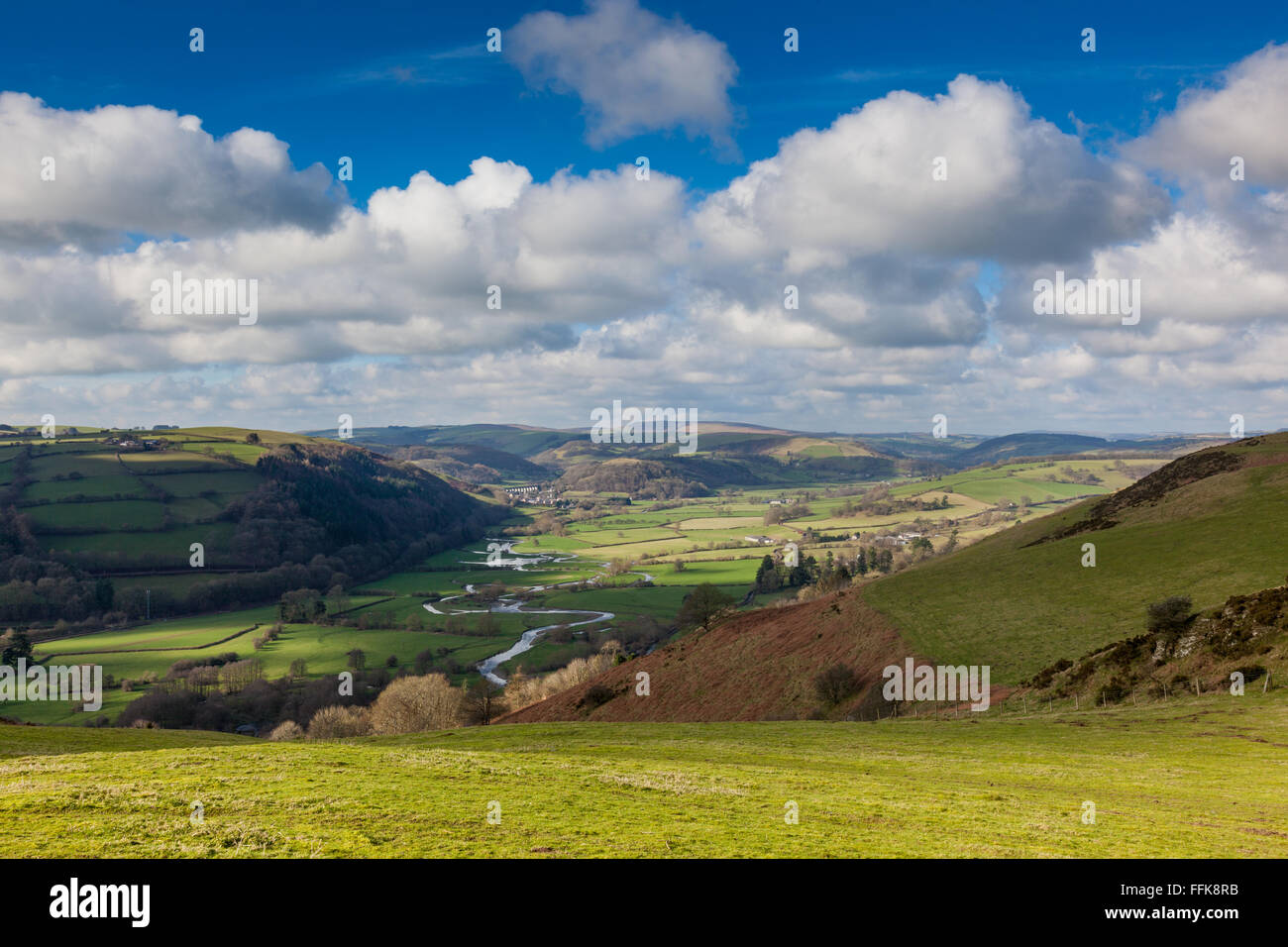 The River Teme meanders through the Teme Valley from Knucklas toward Knighton along the English Welsh border, Shropshire, UK Stock Photo