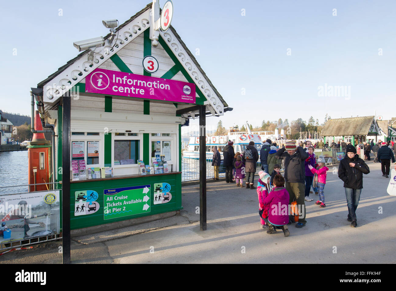 Lake Windermere, Cumbria, UK. 15th February, 2016 UK Weather: Cold sunny day -  Lake District National Park Information centre have taken over cruises ticket office on Bowness Bay front while their Information centre drys out from the December floods Credit:  Gordon Shoosmith/Alamy Live News Stock Photo