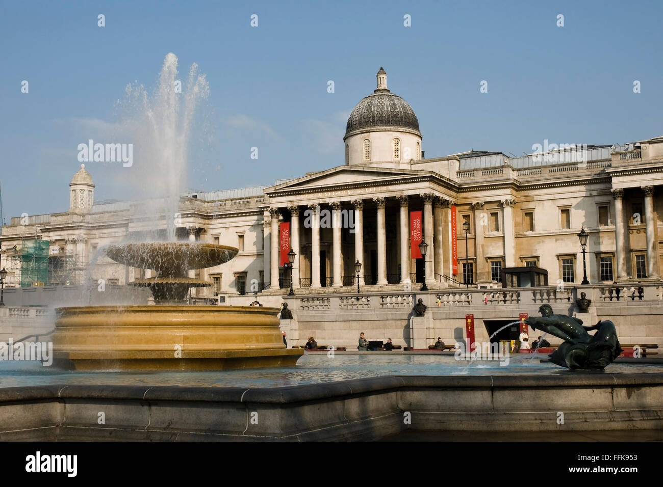 London National Gallery and fountain in Trafalgar Square, London, England, UK Stock Photo