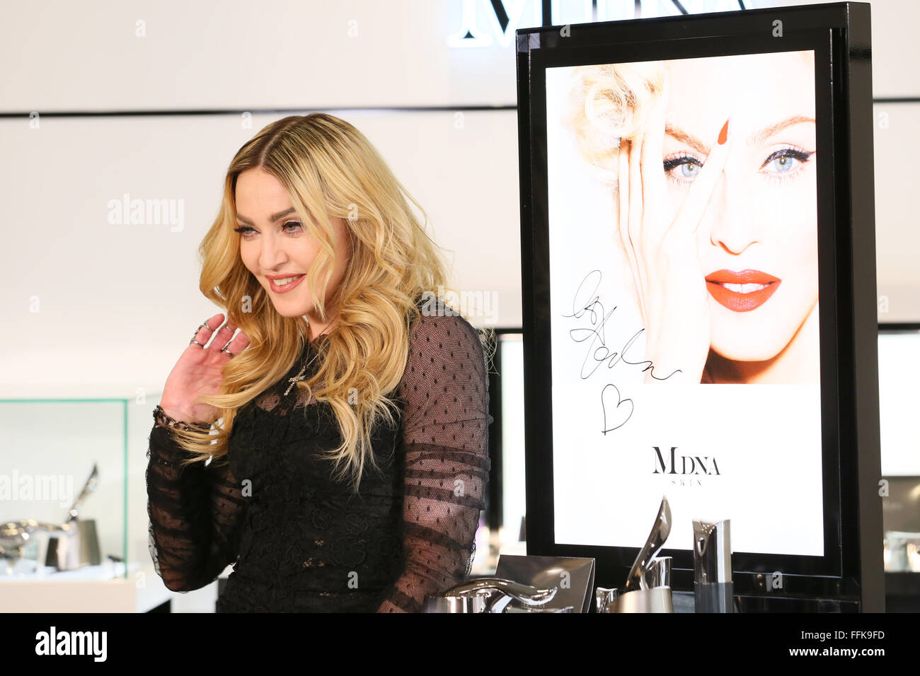 Madonna appears at Mitsukoshi Department store in Ginza to promote her cosmetic line MDNA Skin, on February 15, 2016 in Tokyo, Japan. The 57 year-old singer performed two consecutive nights at Saitama Super Arena over the weekend. Saturday's show started two hours late however, forcing some fans who had travelled from distance to leave even before the show began in order to catch the last train home. (Photo by Yohei Osada/AFLO) Stock Photo