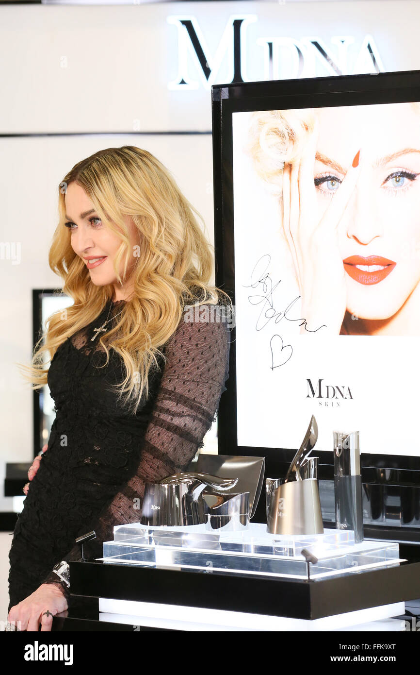 Madonna appears at Mitsukoshi Department store in Ginza to promote her cosmetic line MDNA Skin, on February 15, 2016 in Tokyo, Japan. The 57 year-old singer performed two consecutive nights at Saitama Super Arena over the weekend. Saturday's show started two hours late however, forcing some fans who had travelled from distance to leave even before the show began in order to catch the last train home. (Photo by Yohei Osada/AFLO) Stock Photo