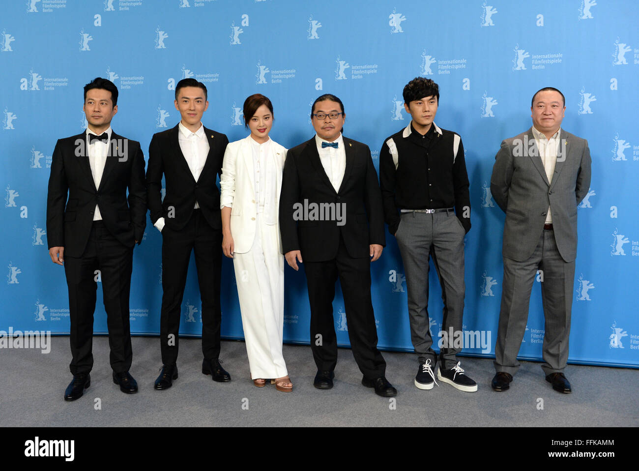 Berlin, Germany. 15th Feb, 2016. 66th International Film Festival in Berlin, Germany, 15 February 2016. Photo call 'Chang Jiang Tu'. Actors Tan Kai (l-r), Wu Lipeng, Xin Zhi Lei, director Yang Chao, actor Qin Hao, producer Wang Yu. The film runs in competition at the Berlinale. The Berlinale runs from 11 to 21 February 2016. PHOTO: RALF HIRSCHBERGER/dpa/Alamy Live News Stock Photo