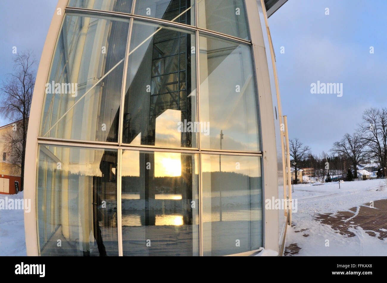 Reflection of a bridge in its elevator tower, Puumala, Finland Stock Photo