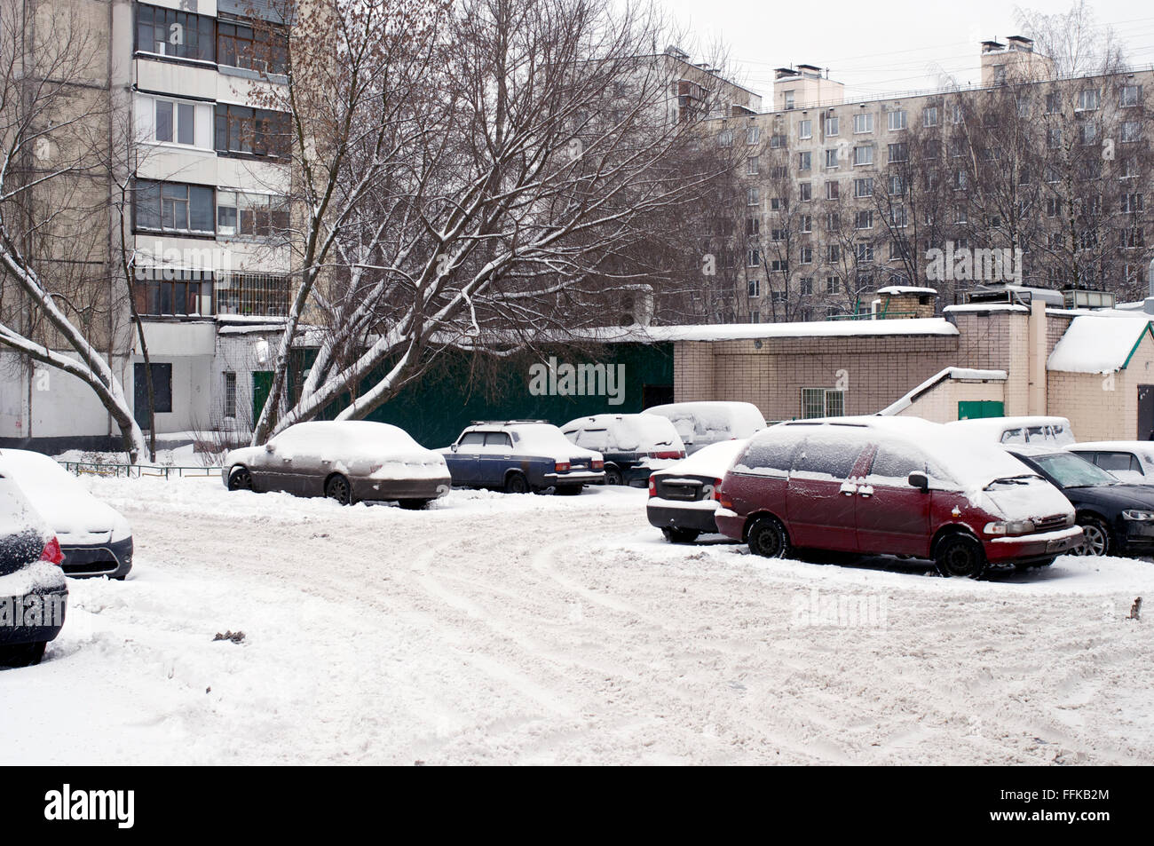 Parked cars in Moscow in Russian Federation during winter Stock Photo