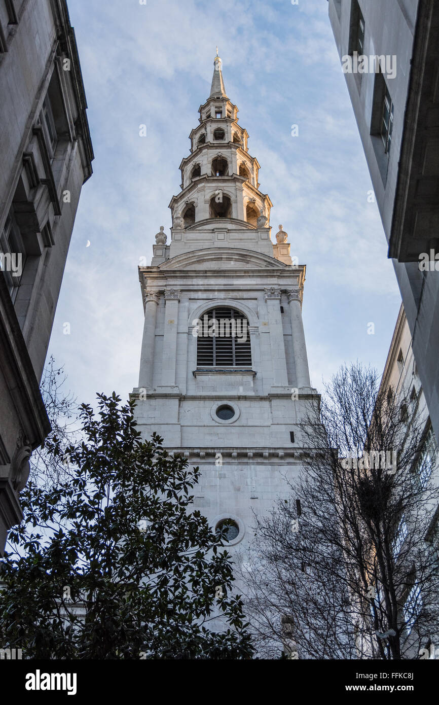 Spire of St Bride's church in the City of London designed by Christopher Wren. Stock Photo
