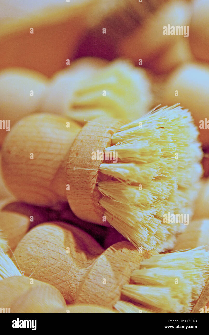 traditional brushes made of wood and bristles Stock Photo Alamy
