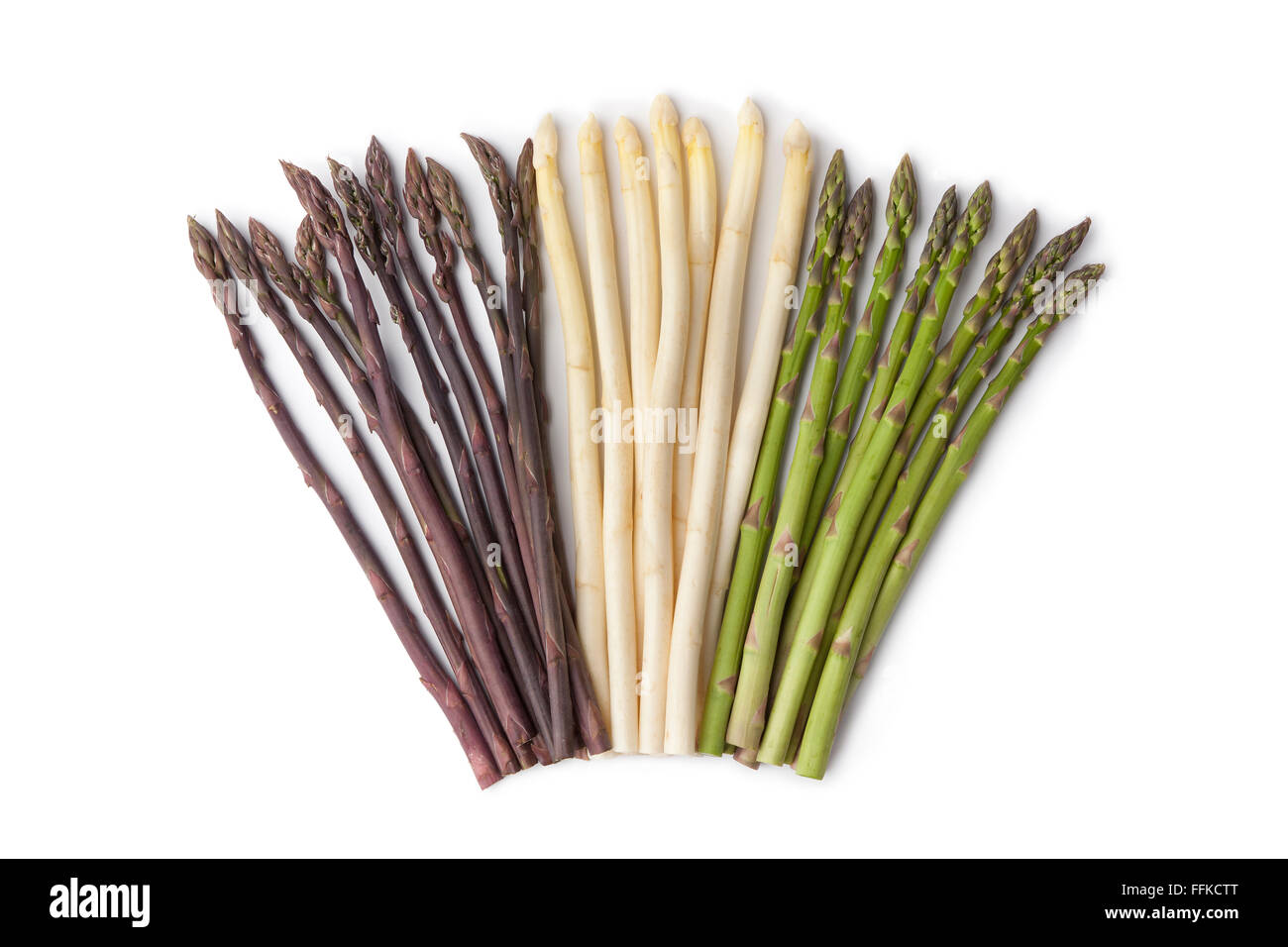 Fresh purple, white and green asparagus on white background Stock Photo