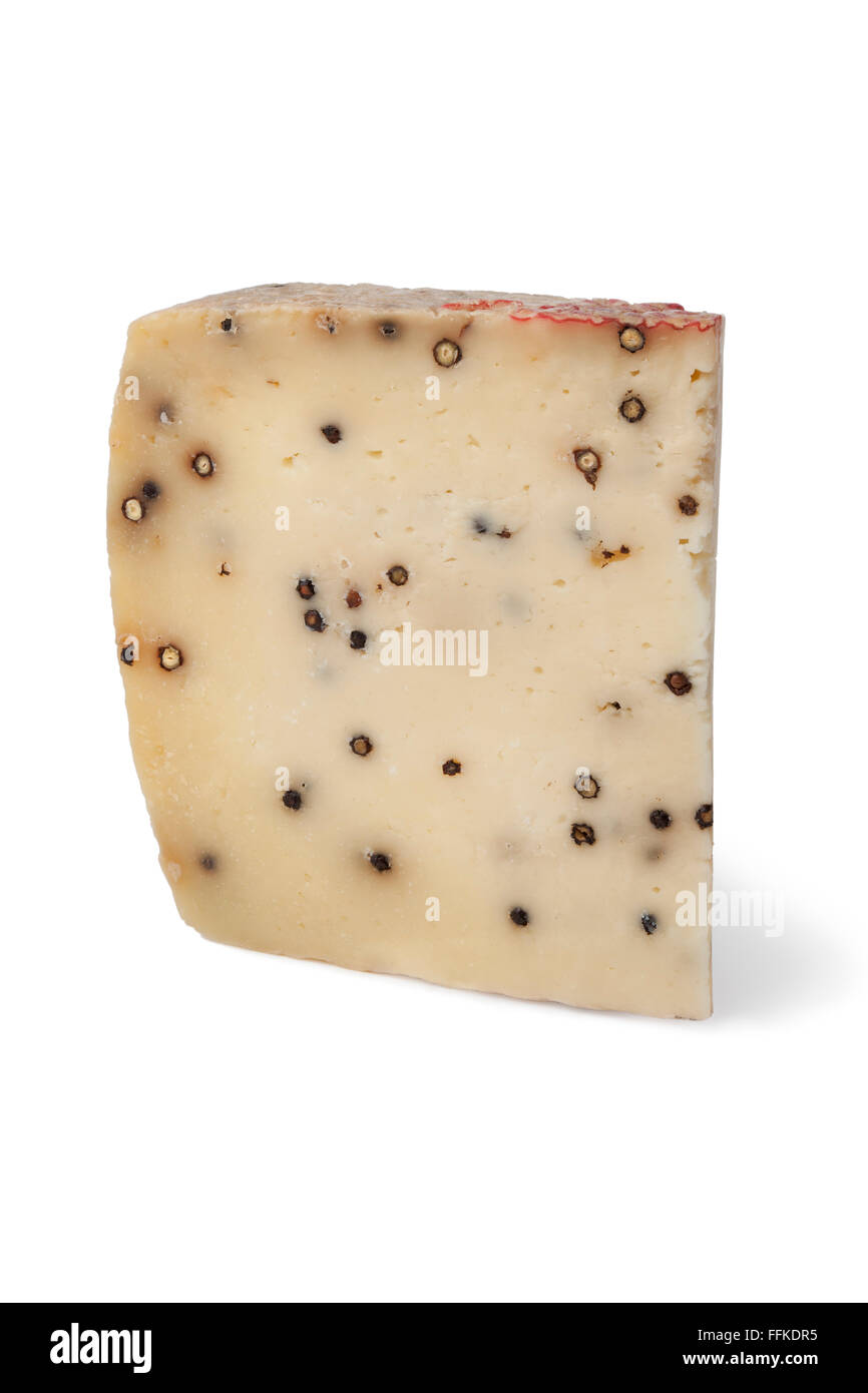 Italian Pecorino Pepato cheese on white background Stock Photo