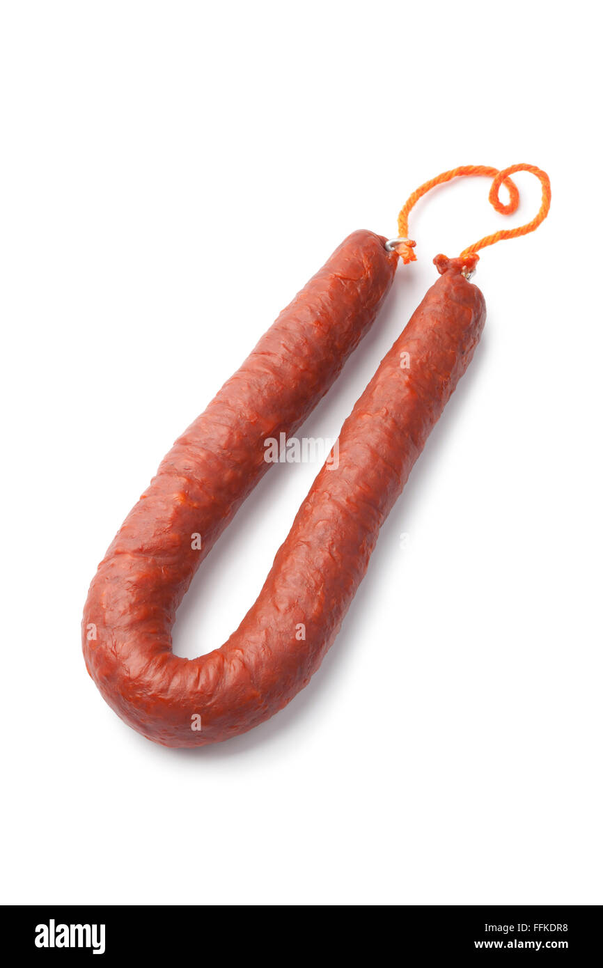 Whole single Spanish chorizo sausage on white background Stock Photo