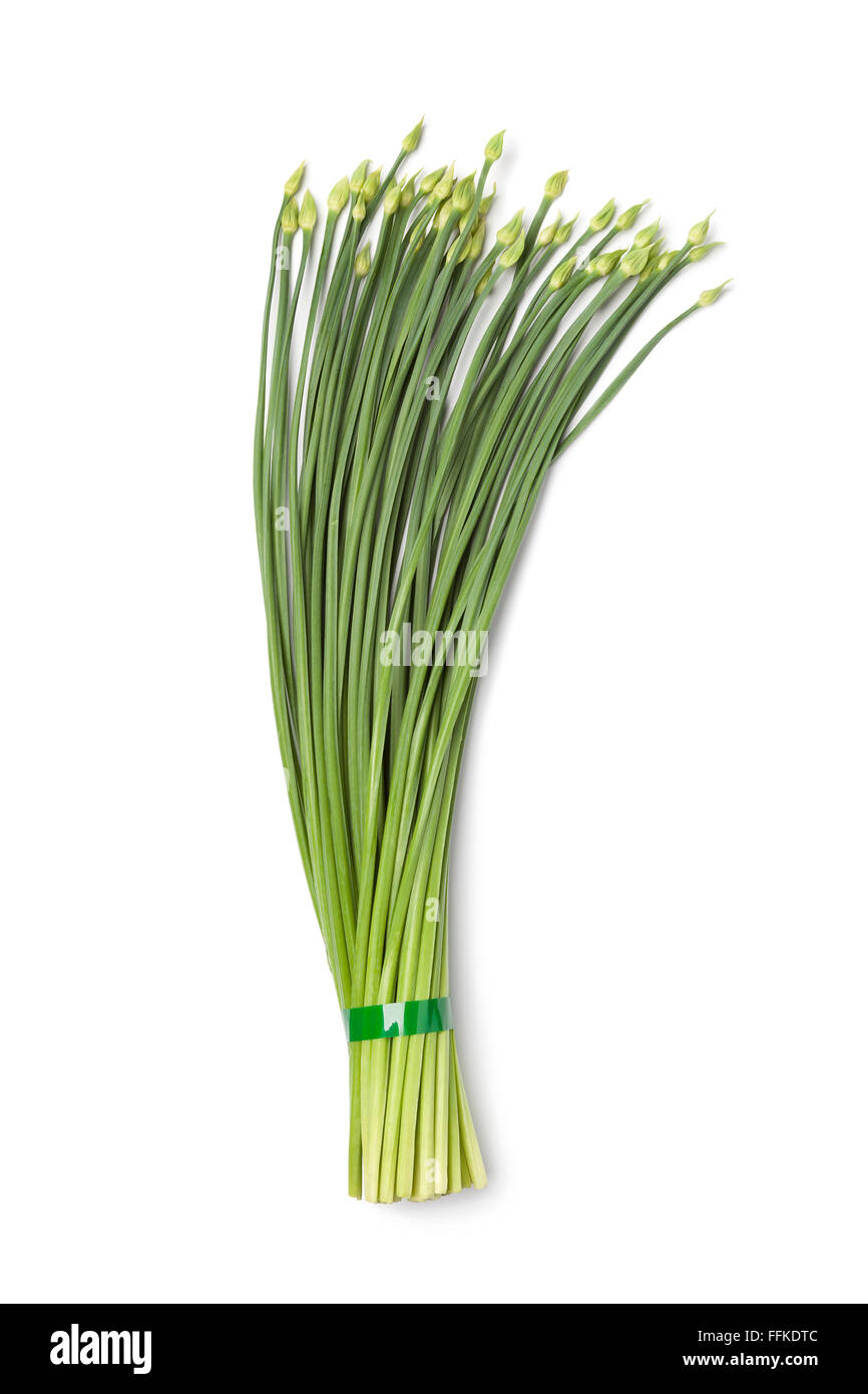 Bunch of fresh chinese garlic chives on white background Stock Photo