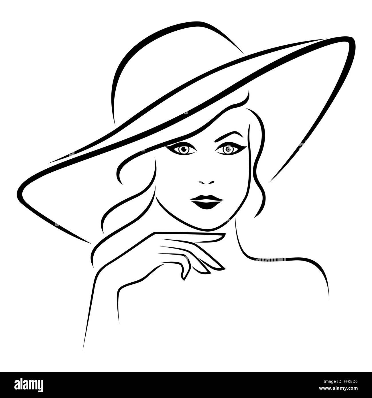 Abstract beautiful young lady portrait in a wide brimmed hat, hand