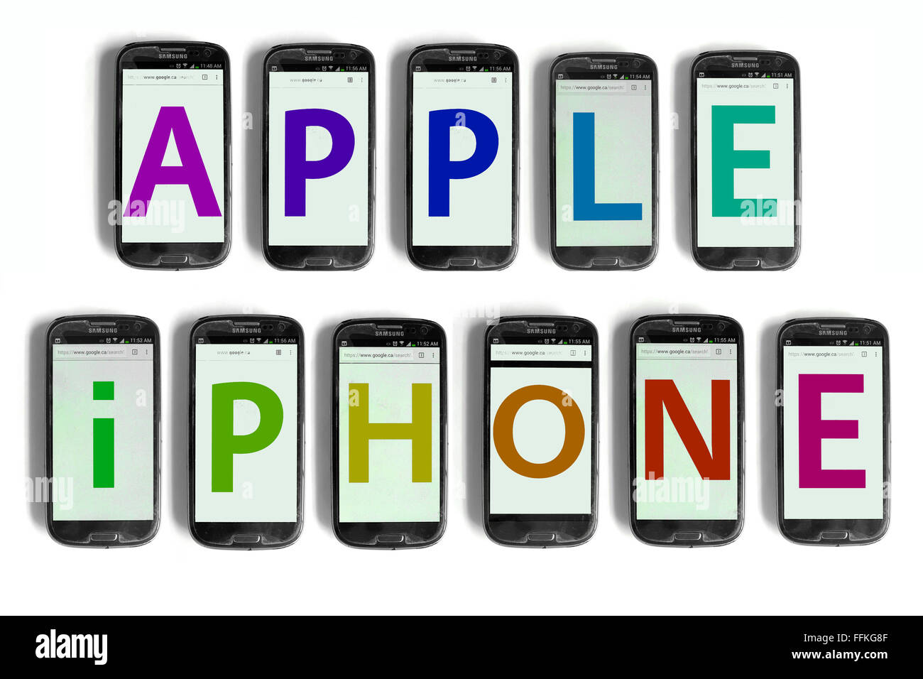 Apple iPhone written on the screens of smartphones photographed against a  white background Stock Photo - Alamy