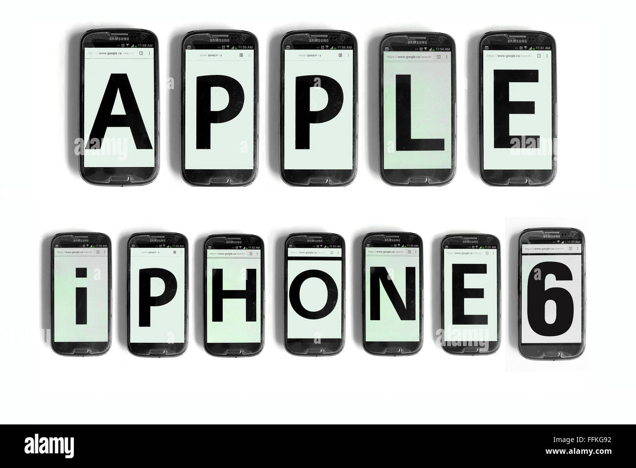 Apple iPhone 6 written on the screens of smartphones photographed against a white background. Stock Photo