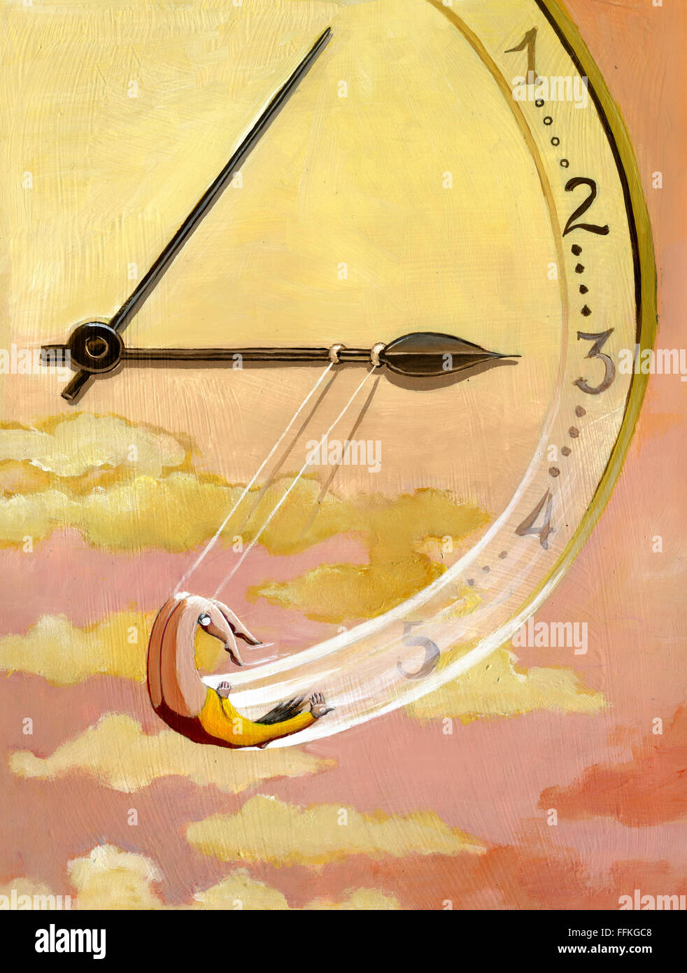 a trapeze hanging from the hands draws a clock in the sunset Stock Photo