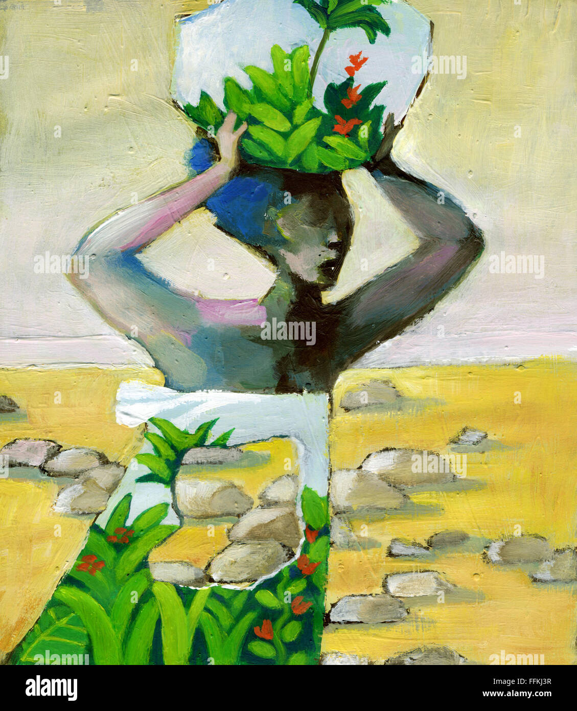 A woman carrying on her head the image of the fertile land that has lost Stock Photo