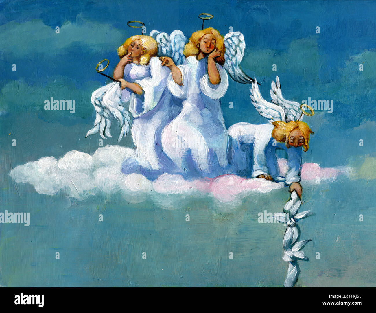 Three angels are questioning the escape of one of their classmates Stock Photo