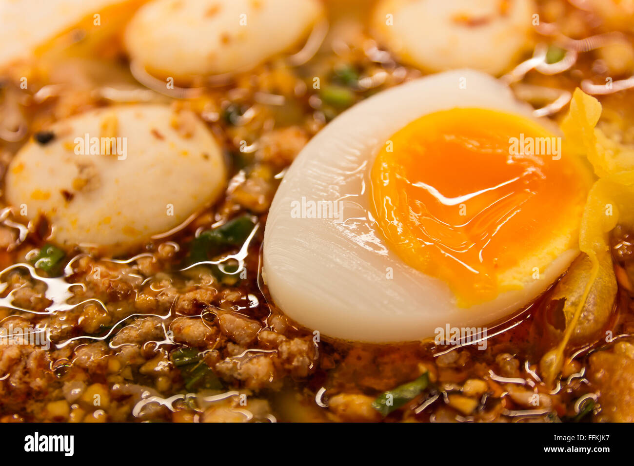 Pork rice noodle soup with meat ball, egg and vegetable Stock Photo