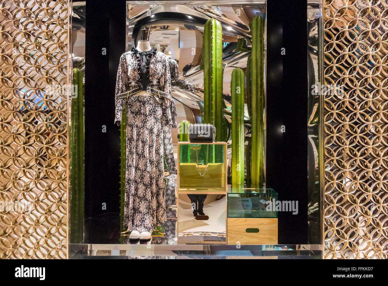Paris, France, Luxury Designer Dresses on Display, inside Fashion Label,  LVMH, Louis Vuitton Store shopping luxe Paris, designer store with mannequins Stock Photo