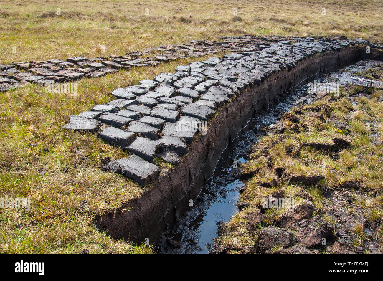 Peat (turf) cut and left to dry on a wetland in the Scottish Highlands Stock Photo