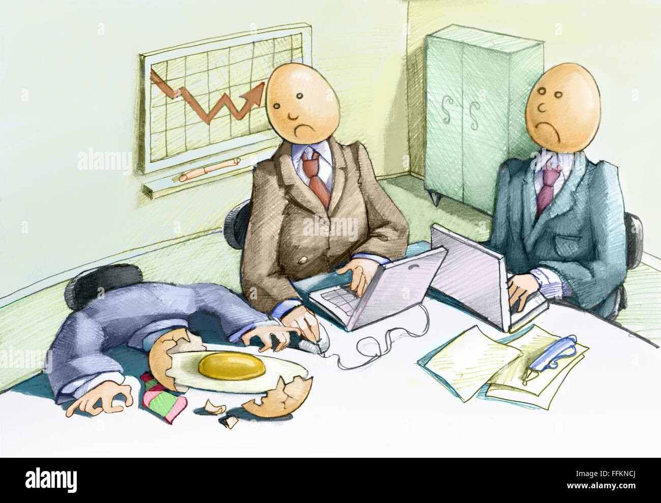 three employees have the egghead, one of them breaks Stock Photo