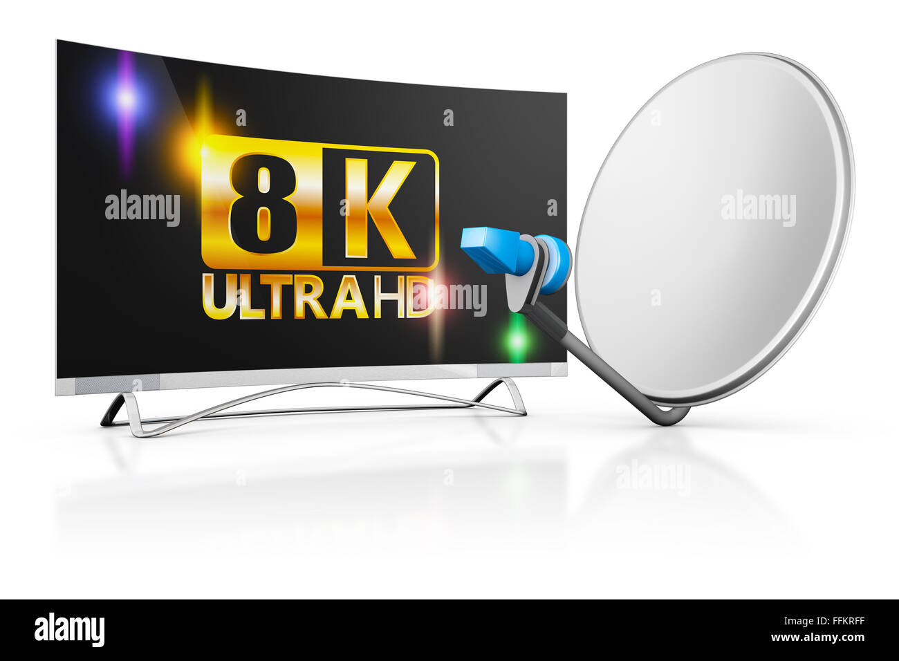 modern 8k TV and a satellite dish on a white background Stock Photo