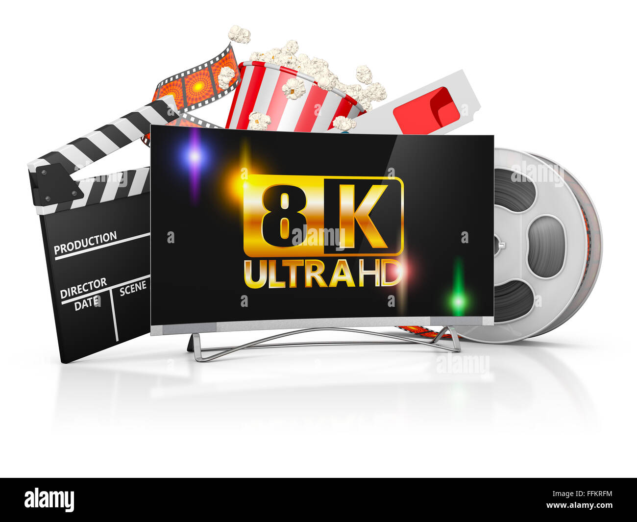 8K TV, popcorn and film strip on a white background Stock Photo