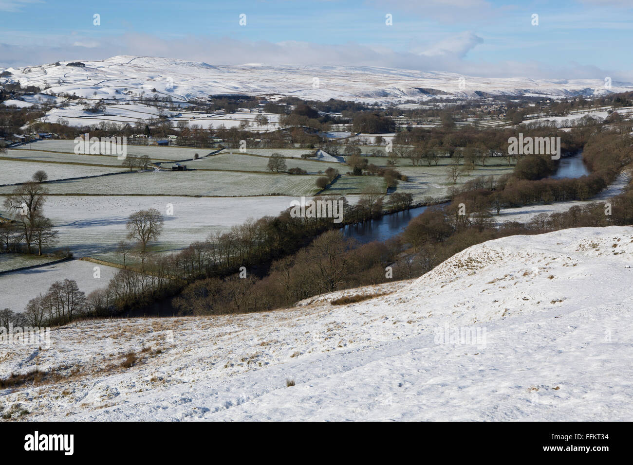 Snowy countryside at Upper Teesdale in County Durham, England. The River Tees runs through the frame. Stock Photo