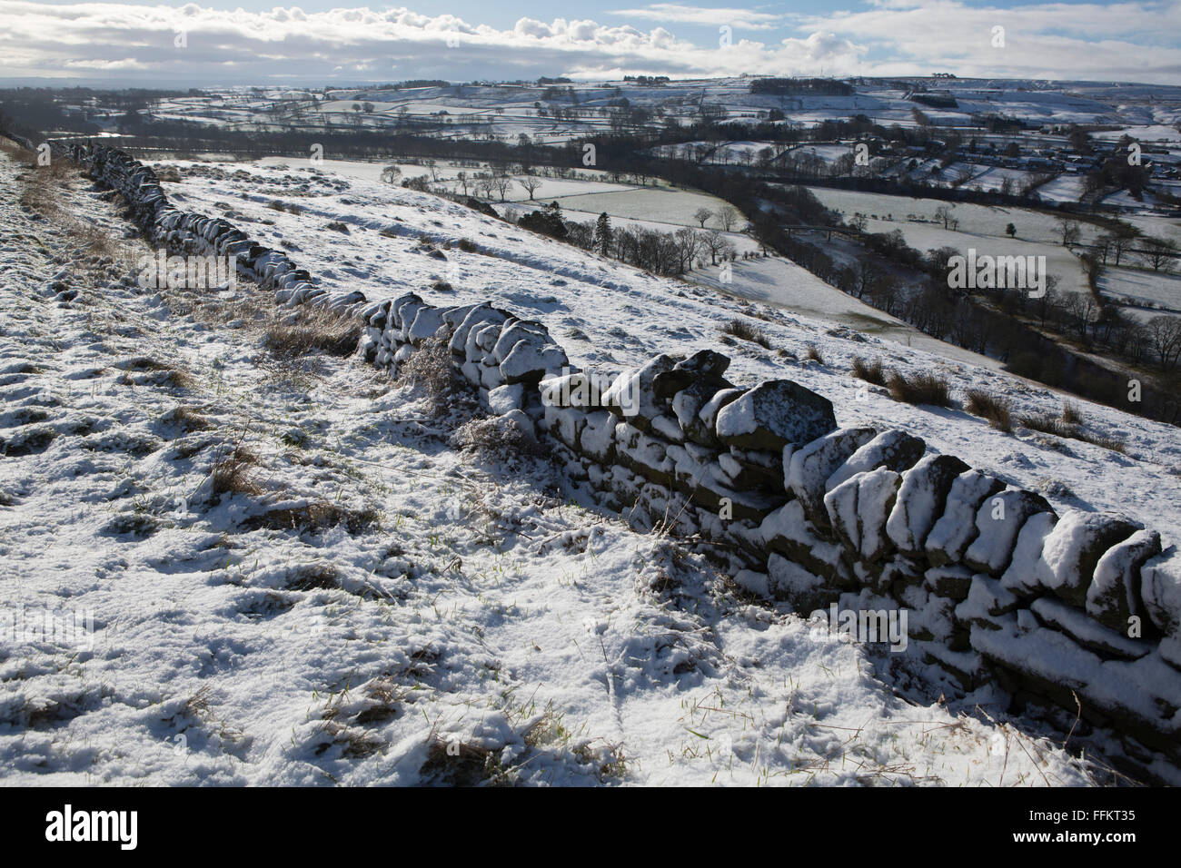 Snowy fields at Upper Teesdale in County Durham, England. A dry stone wall runs through the foreground. Stock Photo