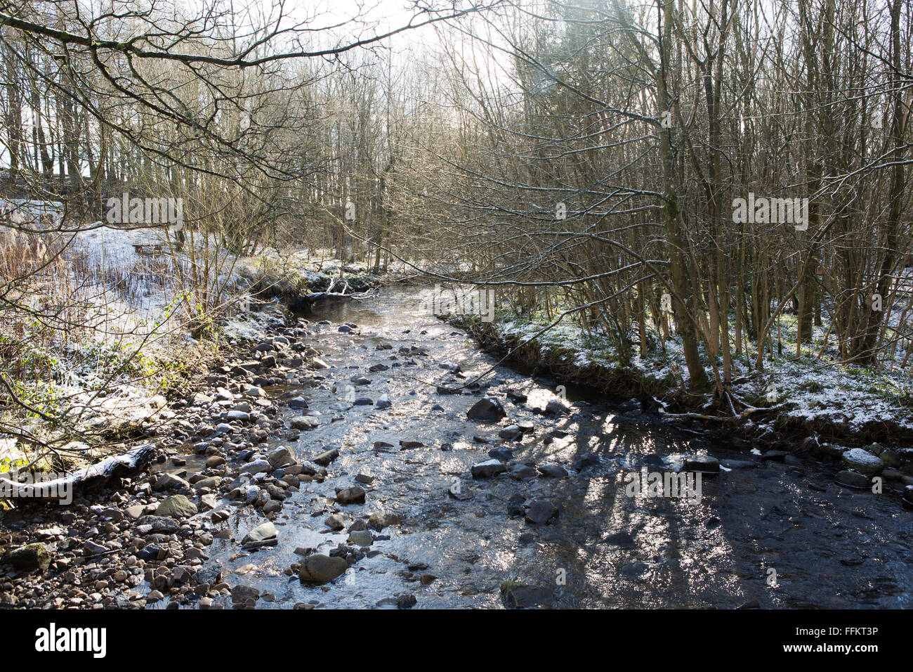 Bow Lee Beck in Upper Teesdale in County Durham, England. Snow dusts the ground by the waterway. Stock Photo