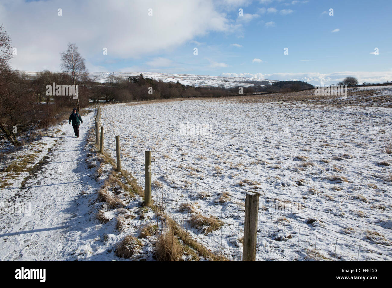 A woman walking on the Pennine Way at Upper Teesdale in County Durham, England. Snow dusts the landscape. Stock Photo