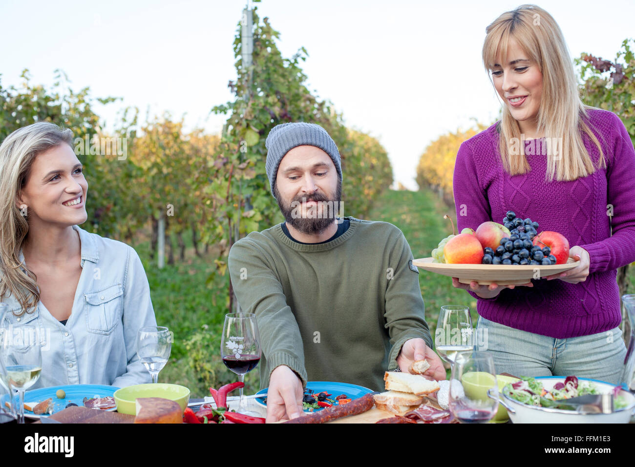 Group of friends on garden party with vineyard in background Stock Photo