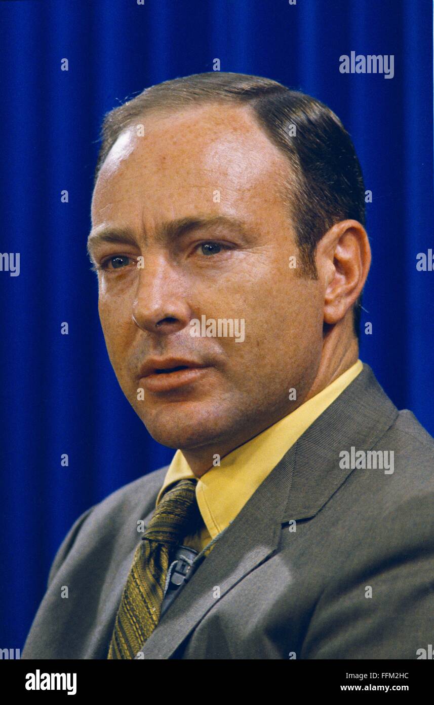 Portrait of the Apollo 14 lunar landing mission astronaut Edgar D. Mitchell in civilian cloths at the Kennedy Space Center July 14, 1970 in Cape Canaveral, Florida. Stock Photo
