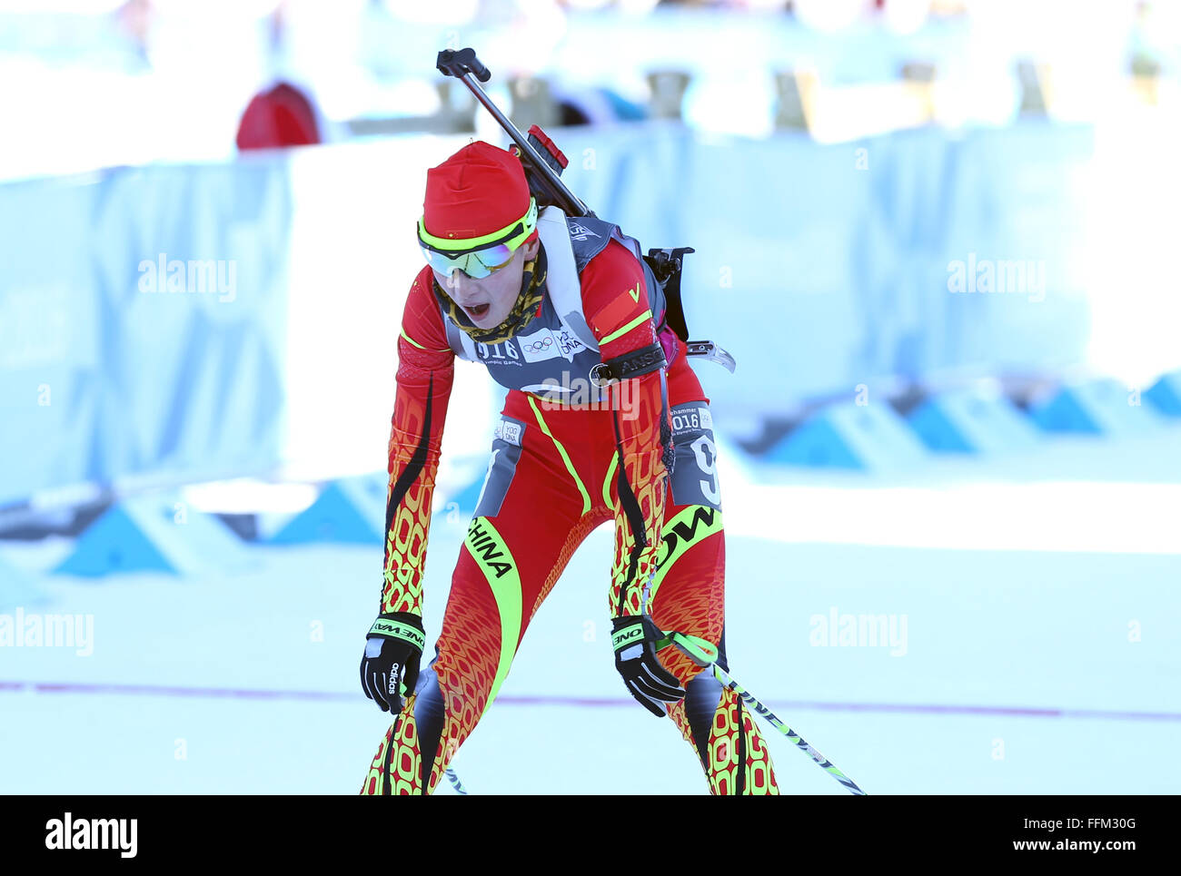 Lillehammer, Norway. 15th Feb, 2016. Meng Fanqi of China reacts after ...