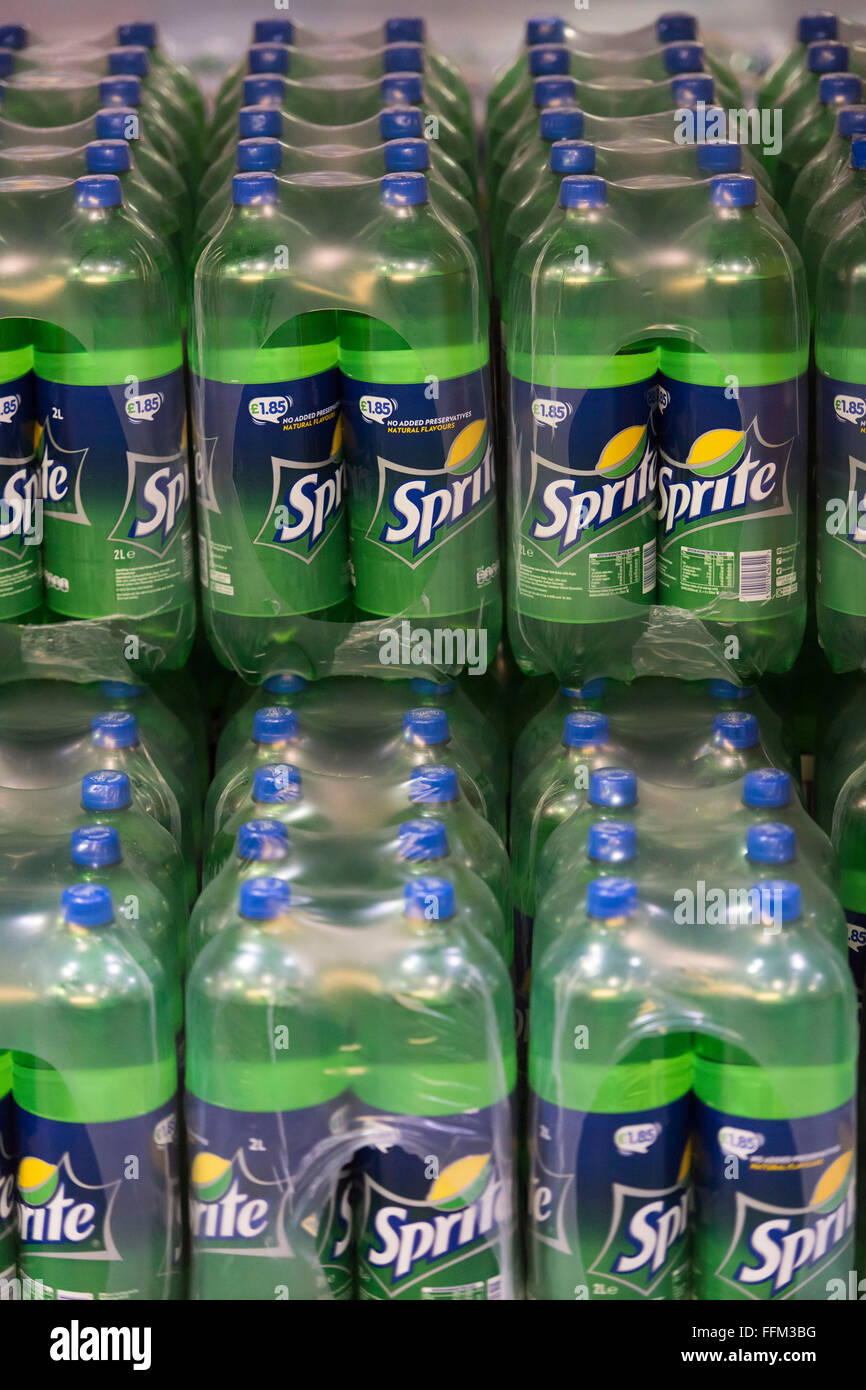 Bottles of sugar soft drink Tizer stocked in a warehouse. Stock Photo