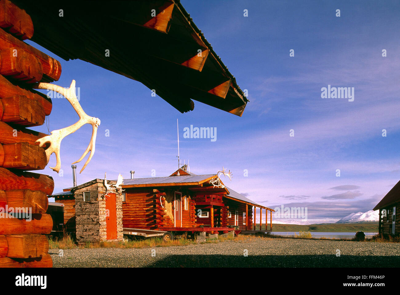 Small Rustic Log Cabins and Outhouse at Summit Lake along Richardson