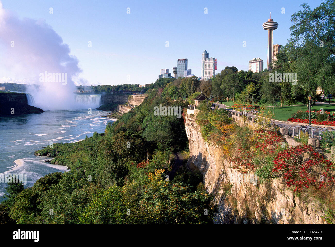 Niagara Falls (Canadian Horseshoe Falls) and Niagara River, in City of Niagara Falls, Ontario, Canada - Natural Wonder Stock Photo
