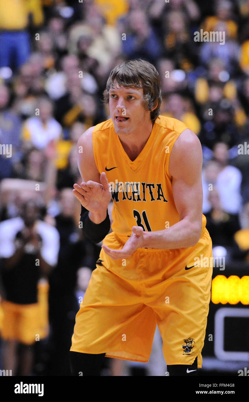 Wichita, Kansas, USA. 15th Feb, 2016. Wichita State Shockers guard Ron Baker (31) approves of the Shockers effort in a 13 pt. half time lead during the NCAA Basketball game between the New Mexico State Aggies and the Wichita State Shockers at Charles Koch Arena in Wichita, Kansas. Credit:  Cal Sport Media/Alamy Live News Stock Photo